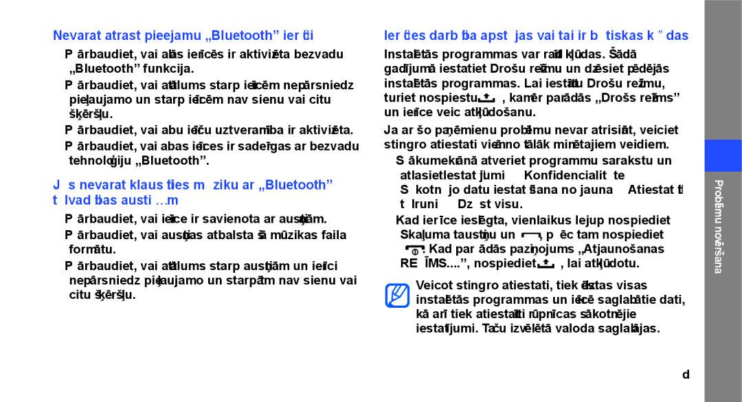 Samsung GT-I5700UWASEB manual Nevarat atrast pieejamu „Bluetooth ierīci, Instalētās programmas var radīt kļūdas. Šādā 