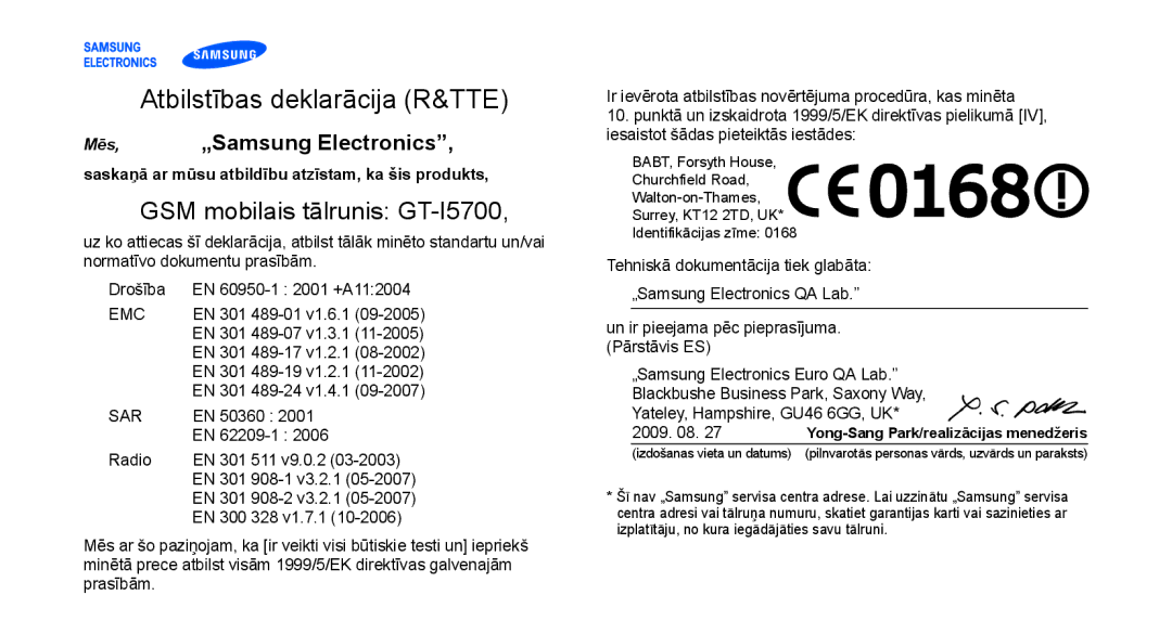 Samsung GT-I5700UWASEB, GT-I5700HKASEB manual Atbilstības deklarācija R&TTE 