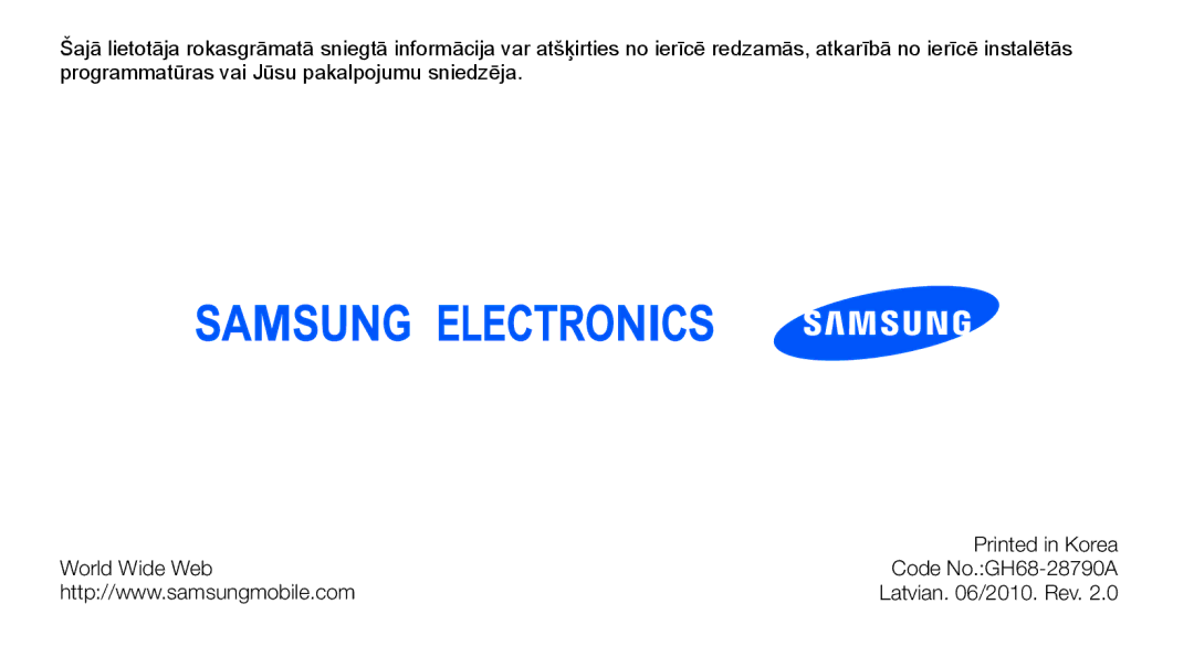 Samsung GT-I5700HKASEB, GT-I5700UWASEB manual Latvian /2010. Rev 