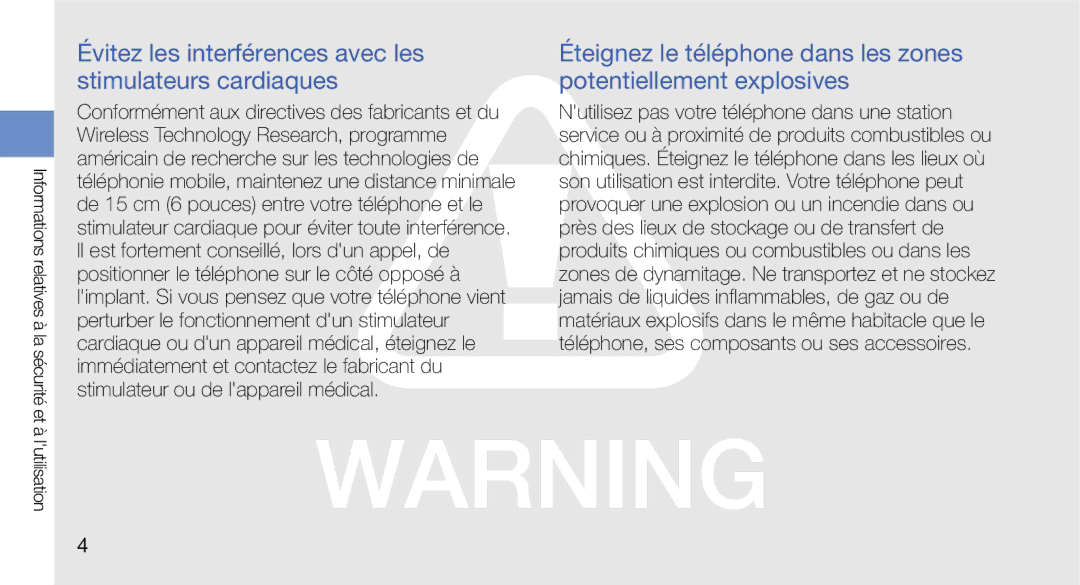 Samsung GT-I5700HKAXEF, GT-I5700HKASFR, GT-I5700WGASFR manual Évitez les interférences avec les stimulateurs cardiaques 