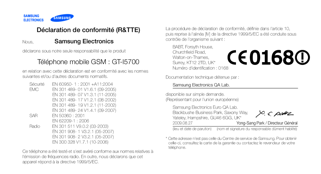 Samsung GT-I5700HKABOG, GT-I5700HKASFR, GT-I5700WGASFR manual Téléphone mobile GSM GT-I5700, Nous, Samsung Electronics 