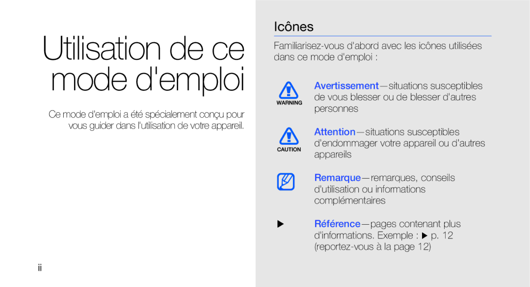 Samsung GT-I5700UWANRJ, GT-I5700HKASFR, GT-I5700WGASFR, GT-I5700HKANRJ, GT-I5700HKAFTM Utilisation de ce mode demploi, Icônes 
