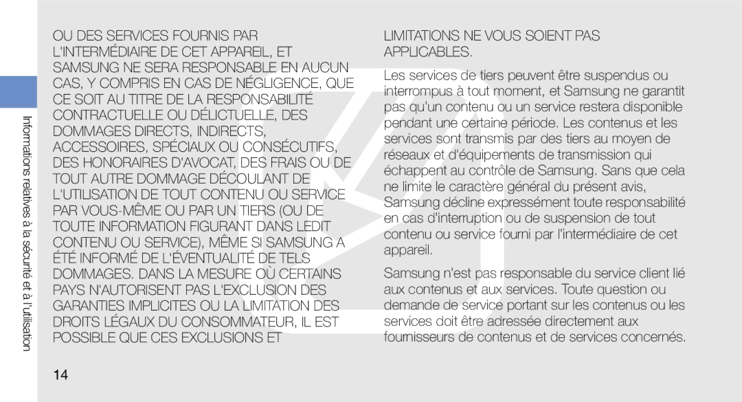 Samsung GT-I5700HKEXEF, GT-I5700HKASFR, GT-I5700WGASFR, GT-I5700UWANRJ manual Limitations NE Vous Soient PAS Applicables 