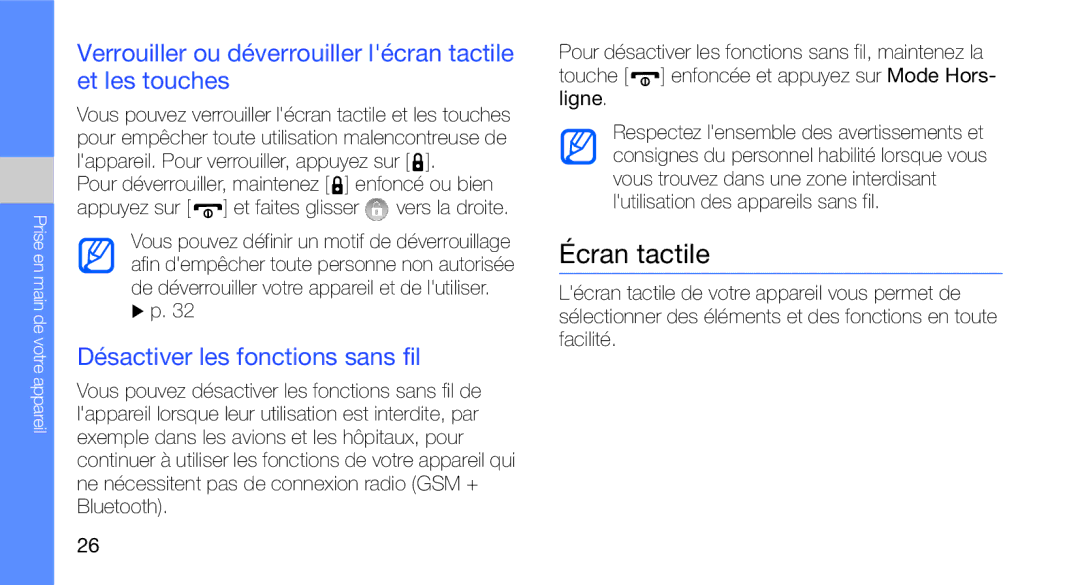 Samsung GT-I5700HKAXEF, GT-I5700HKASFR manual Écran tactile, Verrouiller ou déverrouiller lécran tactile et les touches 