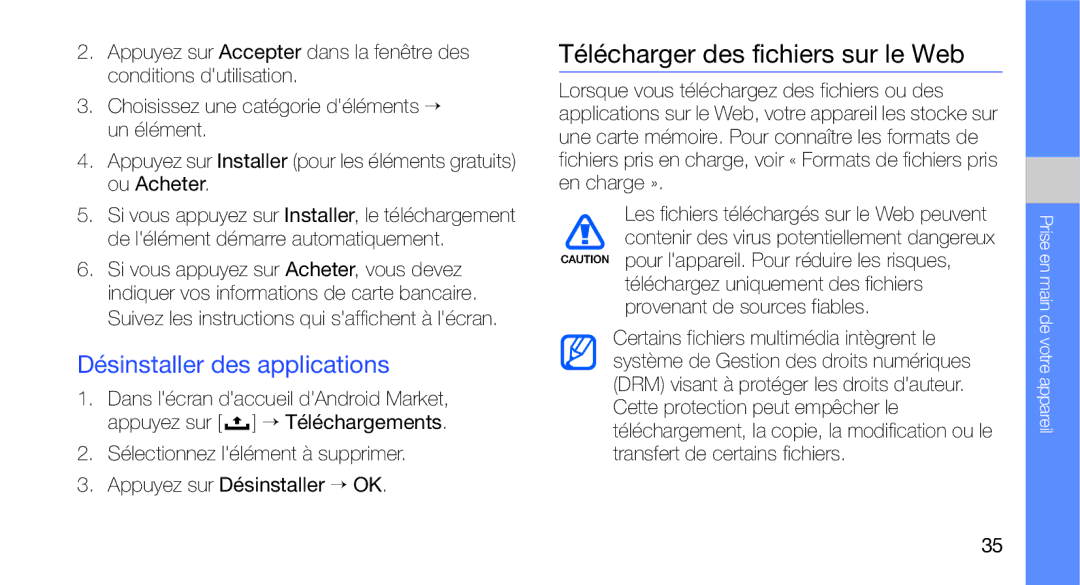 Samsung GT-I5700UWAXEF, GT-I5700HKASFR, GT-I5700WGASFR Télécharger des fichiers sur le Web, Désinstaller des applications 