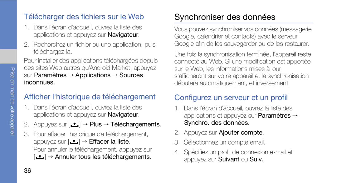 Samsung GT-I5700HKEXEF Synchroniser des données, Télécharger des fichiers sur le Web, Configurez un serveur et un profil 