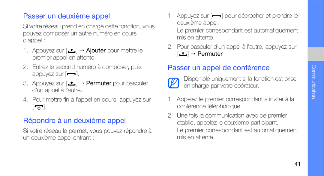 Samsung GT-I5700HKANRJ manual Passer un deuxième appel, Répondre à un deuxième appel, Passer un appel de conférence 