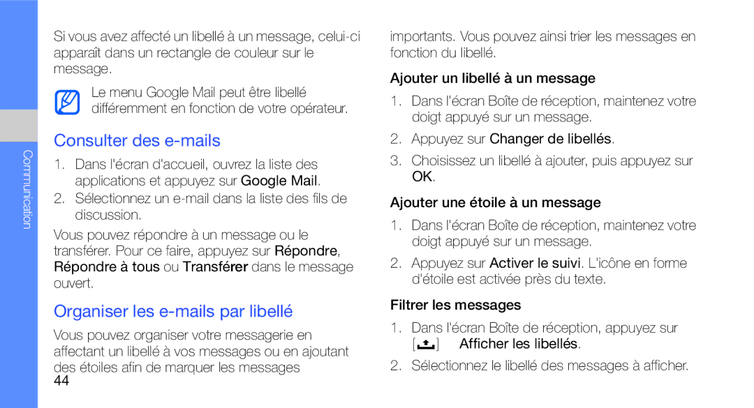 Samsung GT-I5700WGAXEF, GT-I5700HKASFR, GT-I5700WGASFR manual Consulter des e-mails, Organiser les e-mails par libellé 