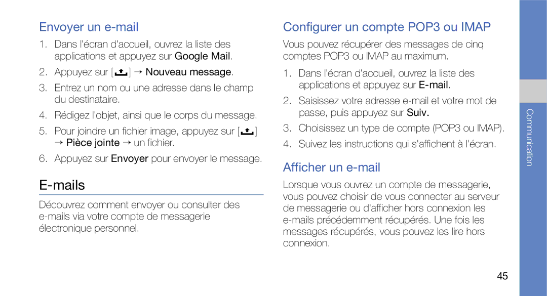Samsung GT-I5700WGABOG, GT-I5700HKASFR Mails, Envoyer un e-mail, Configurer un compte POP3 ou Imap, Afficher un e-mail 