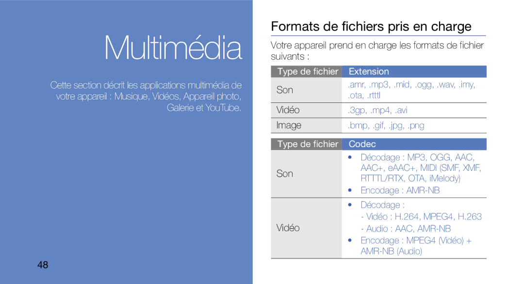 Samsung GT-I5700HKAXEF, GT-I5700HKASFR, GT-I5700WGASFR, GT-I5700UWANRJ manual Multimédia, Formats de fichiers pris en charge 