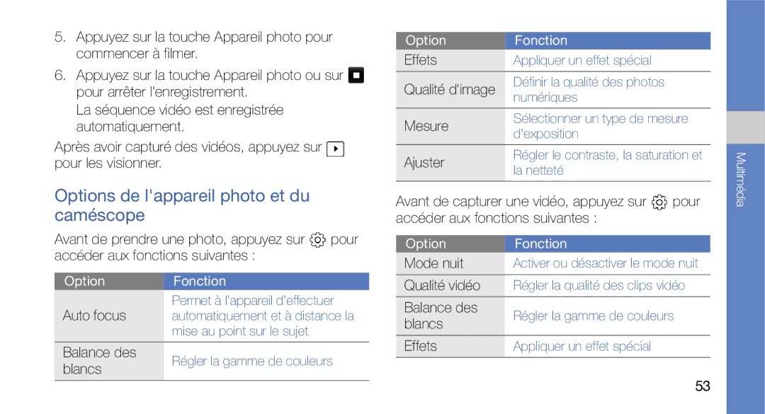 Samsung GT-I5700HKAFTM, GT-I5700HKASFR, GT-I5700WGASFR, GT-I5700UWANRJ manual Options de lappareil photo et du caméscope 