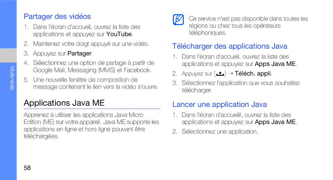 Samsung GT-I5700HKEXEF, GT-I5700HKASFR manual Applications Java ME, Partager des vidéos, Télécharger des applications Java 