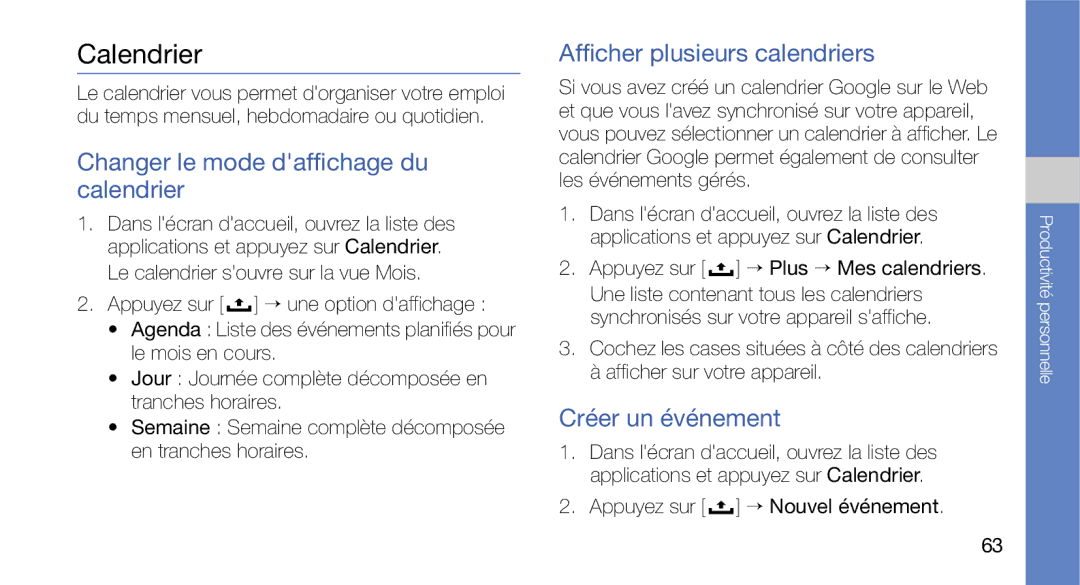 Samsung GT-I5700HKANRJ manual Calendrier, Changer le mode daffichage du calendrier, Afficher plusieurs calendriers 