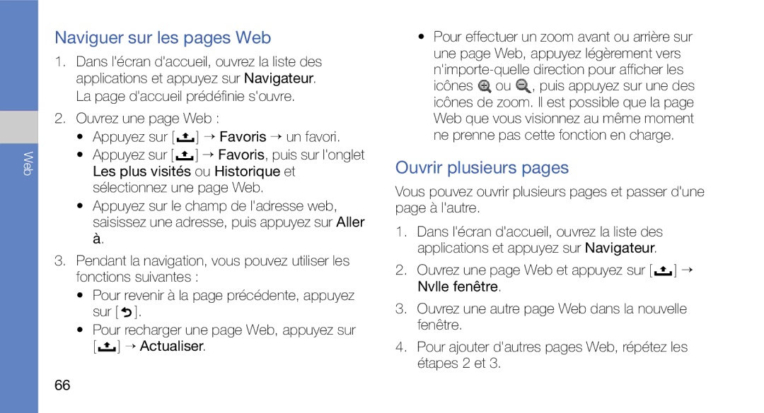 Samsung GT-I5700WGAXEF, GT-I5700HKASFR, GT-I5700WGASFR, GT-I5700UWANRJ Naviguer sur les pages Web, Ouvrir plusieurs pages 