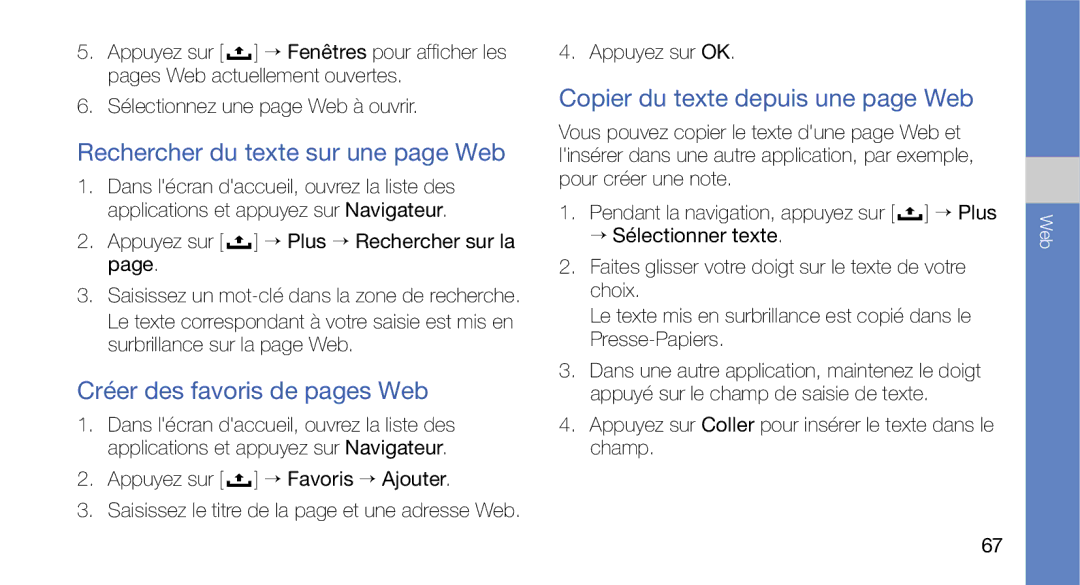 Samsung GT-I5700WGABOG, GT-I5700HKASFR, GT-I5700WGASFR Rechercher du texte sur une page Web, Créer des favoris de pages Web 