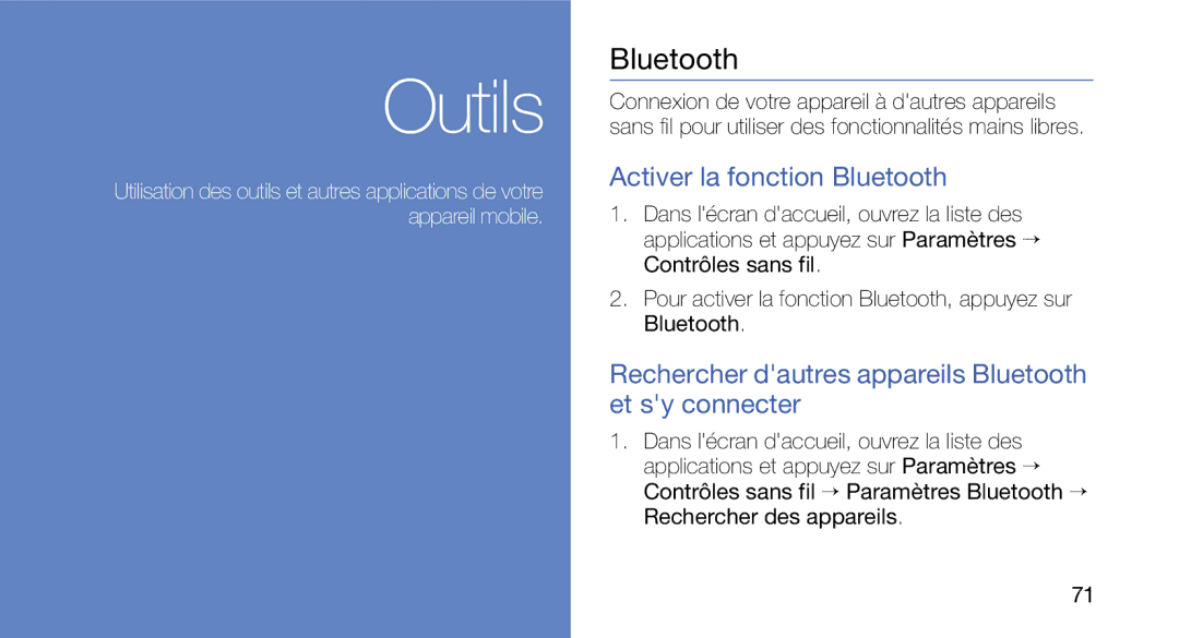 Samsung GT-I5700HKASFR manual Activer la fonction Bluetooth, Rechercher dautres appareils Bluetooth et sy connecter 