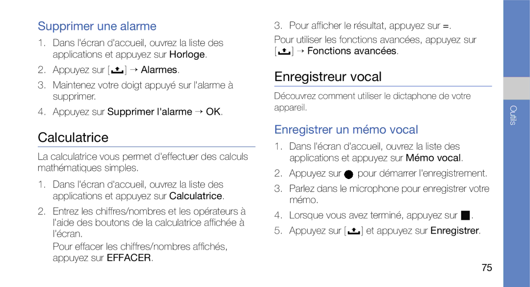 Samsung GT-I5700HKAFTM, GT-I5700HKASFR Calculatrice, Enregistreur vocal, Supprimer une alarme, Enregistrer un mémo vocal 