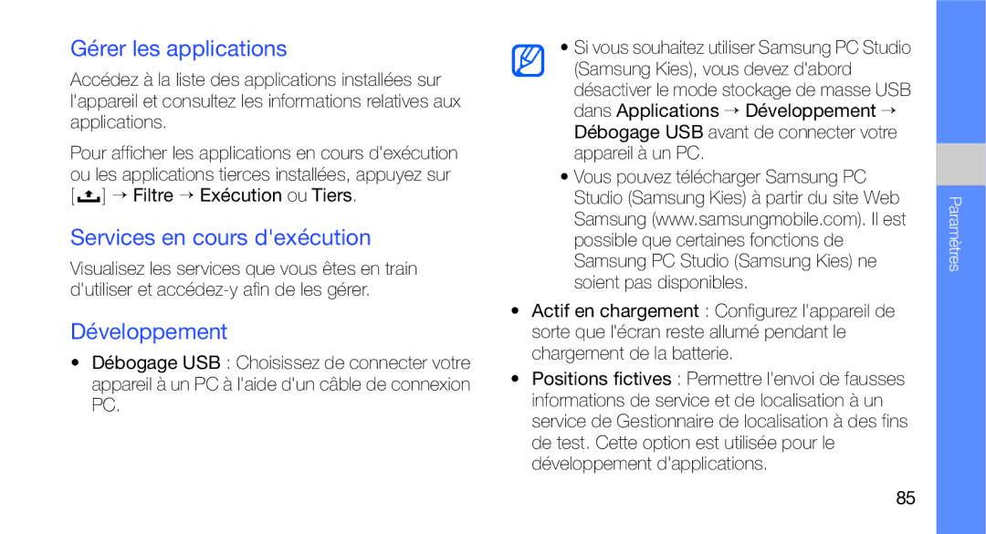 Samsung GT-I5700HKANRJ Gérer les applications, Services en cours dexécution, Développement, → Filtre → Exécution ou Tiers 