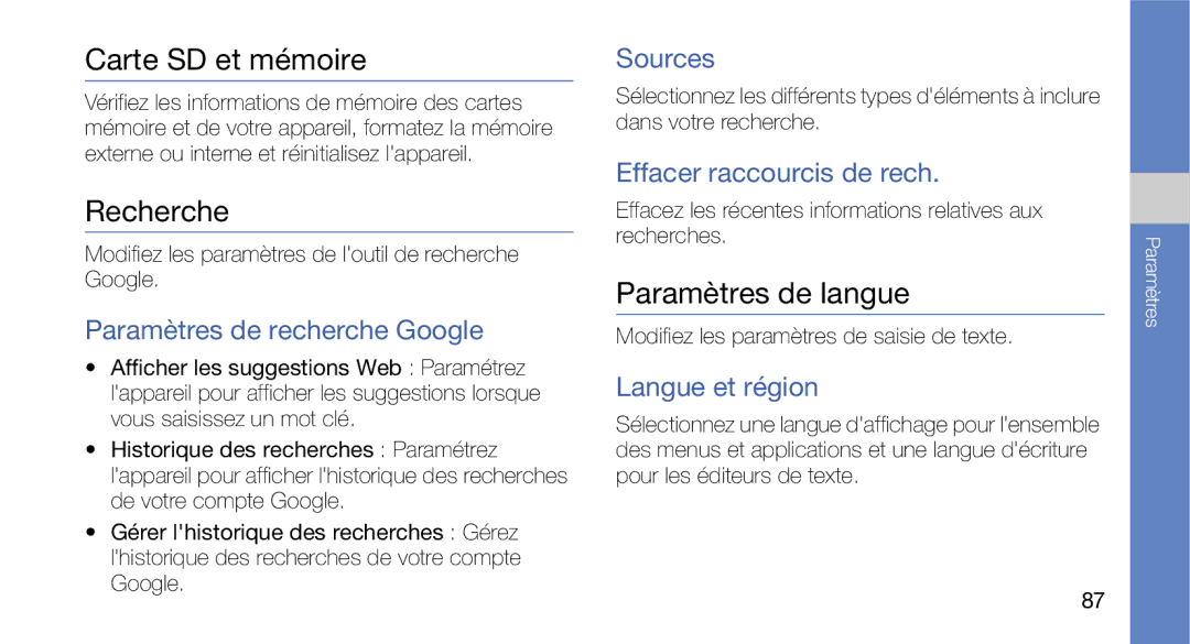 Samsung GT-I5700HKABOG, GT-I5700HKASFR, GT-I5700WGASFR, GT-I5700UWANRJ Carte SD et mémoire, Recherche, Paramètres de langue 