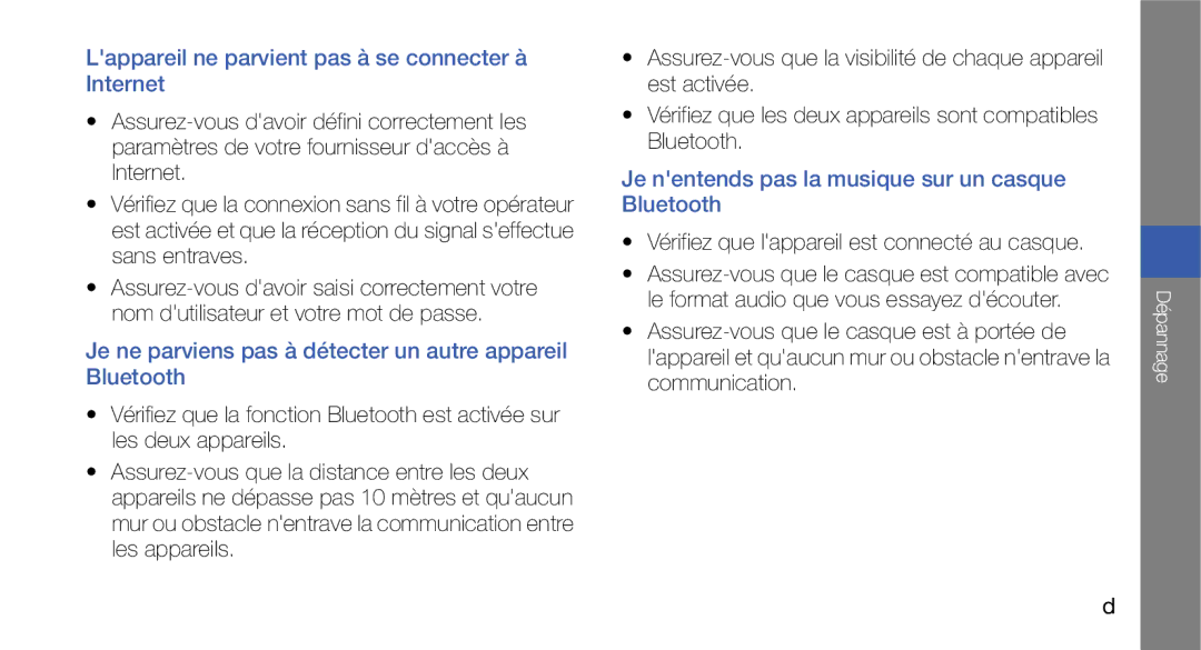 Samsung GT-I5700HKASFR Lappareil ne parvient pas à se connecter à Internet, Vérifiez que lappareil est connecté au casque 