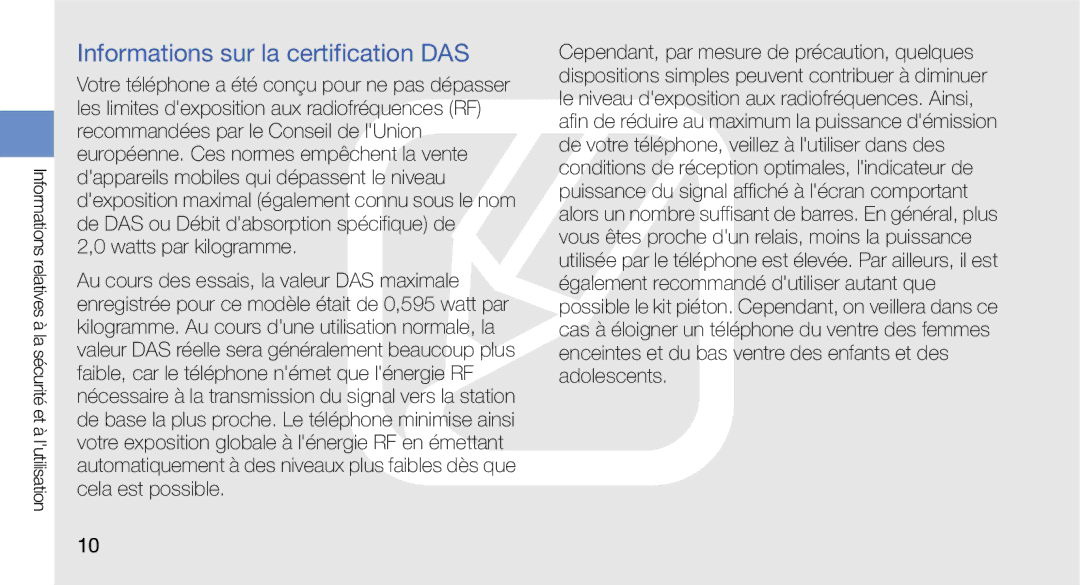 Samsung GT-I5700HKABOG, GT-I5700HKASFR, GT-I5700WGASFR manual Informations sur la certification DAS, Watts par kilogramme 