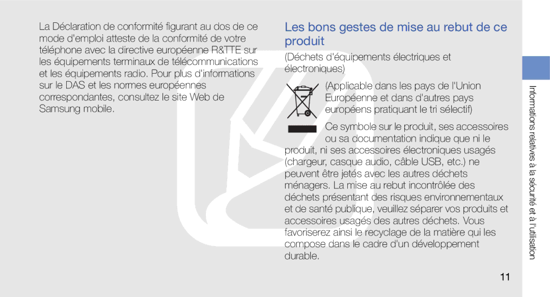 Samsung GT-I5700WGAXEF Les bons gestes de mise au rebut de ce produit, Déchets déquipements électriques et électroniques 