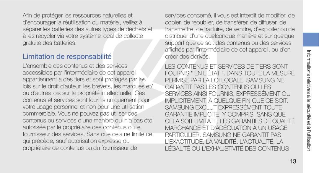 Samsung GT-I5700UWAXEF, GT-I5700HKASFR, GT-I5700WGASFR, GT-I5700UWANRJ, GT-I5700HKANRJ manual Limitation de responsabilité 