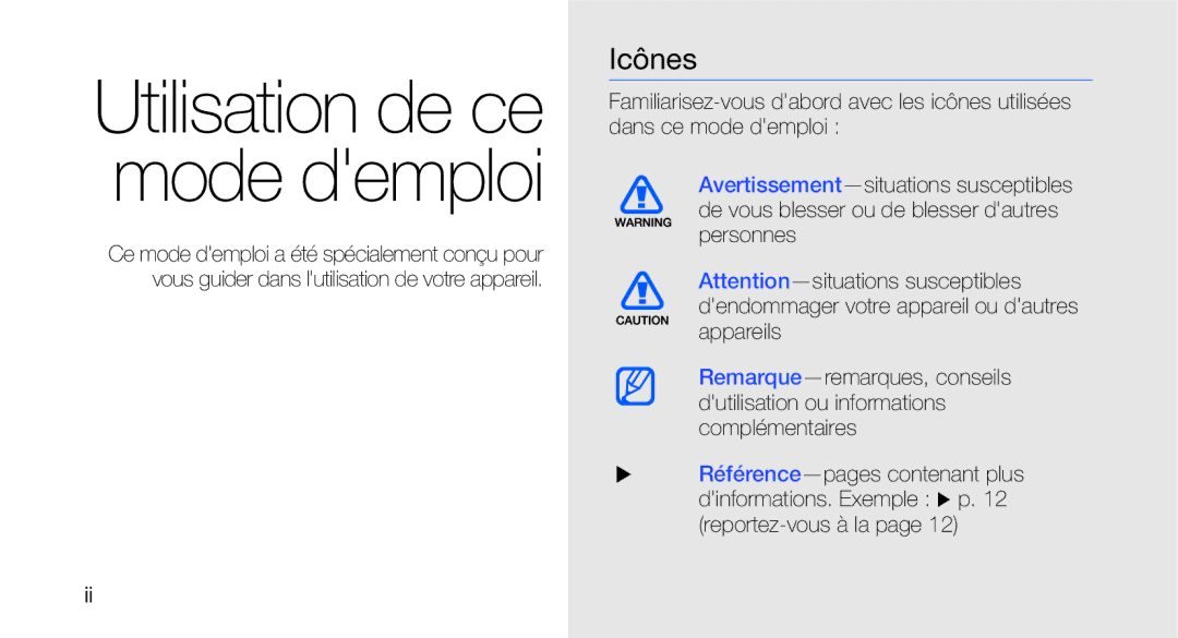 Samsung GT-I5700UWANRJ, GT-I5700HKASFR, GT-I5700WGASFR, GT-I5700HKANRJ, GT-I5700HKAFTM Utilisation de ce mode demploi, Icônes 