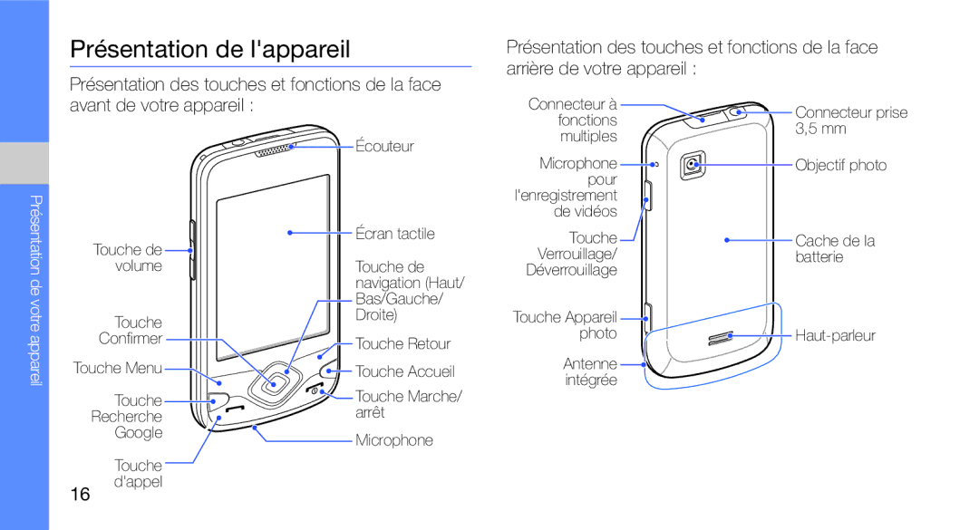 Samsung GT-I5700HKASFR, GT-I5700WGASFR, GT-I5700UWANRJ manual Présentation de lappareil, Présentation de votre appareil 