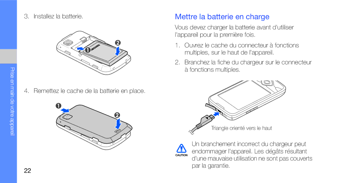 Samsung GT-I5700WGAXEF, GT-I5700HKASFR, GT-I5700WGASFR, GT-I5700UWANRJ, GT-I5700HKANRJ manual Mettre la batterie en charge 