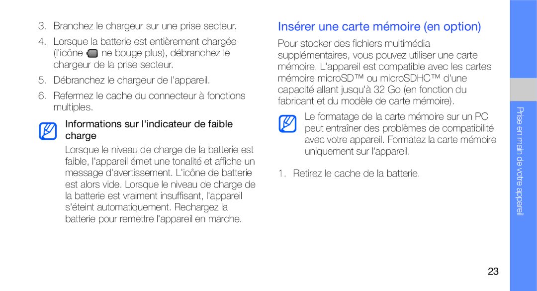 Samsung GT-I5700WGABOG, GT-I5700HKASFR, GT-I5700WGASFR Insérer une carte mémoire en option, Retirez le cache de la batterie 