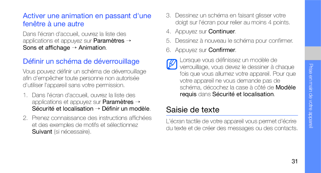 Samsung GT-I5700HKAFTM, GT-I5700HKASFR manual Saisie de texte, Activer une animation en passant dune fenêtre à une autre 