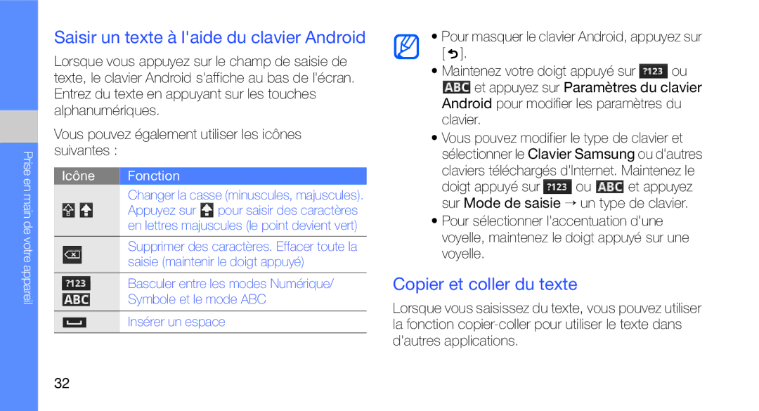 Samsung GT-I5700HKABOG, GT-I5700HKASFR manual Saisir un texte à laide du clavier Android, Copier et coller du texte 