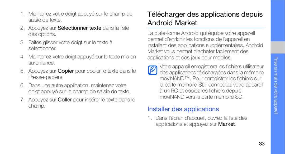 Samsung GT-I5700WGAXEF, GT-I5700HKASFR manual Télécharger des applications depuis Android Market, Installer des applications 