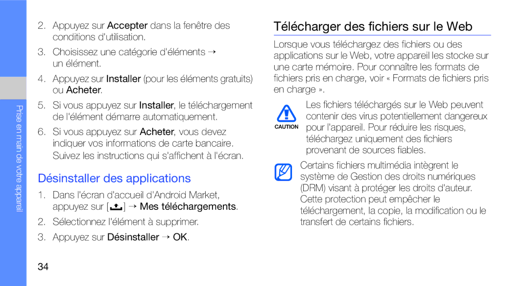 Samsung GT-I5700WGABOG, GT-I5700HKASFR, GT-I5700WGASFR Télécharger des fichiers sur le Web, Désinstaller des applications 