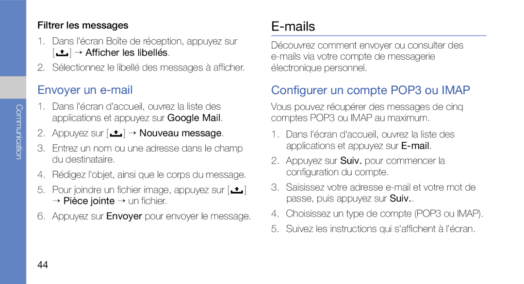 Samsung GT-I5700WGAXEF, GT-I5700HKASFR Mails, Envoyer un e-mail, Configurer un compte POP3 ou Imap, Filtrer les messages 