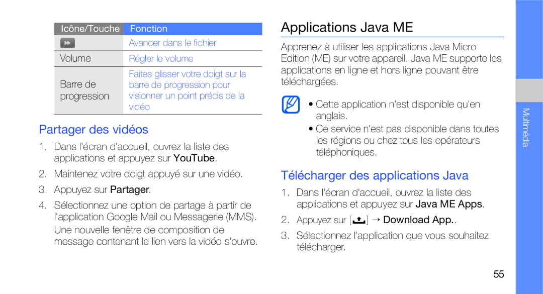 Samsung GT-I5700WGAXEF, GT-I5700HKASFR manual Applications Java ME, Partager des vidéos, Télécharger des applications Java 