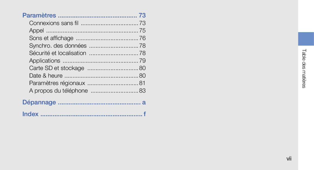 Samsung GT-I5700WGABOG, GT-I5700HKASFR, GT-I5700WGASFR, GT-I5700UWANRJ, GT-I5700HKANRJ, GT-I5700HKAFTM manual Paramètres, Vii 