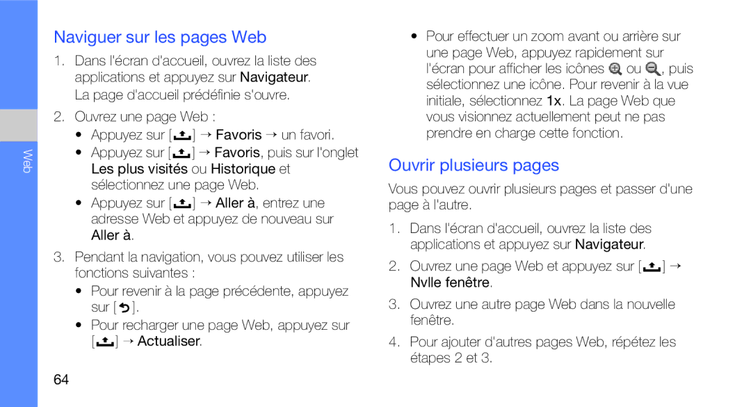 Samsung GT-I5700HKAFTM, GT-I5700HKASFR, GT-I5700WGASFR, GT-I5700UWANRJ Naviguer sur les pages Web, Ouvrir plusieurs pages 