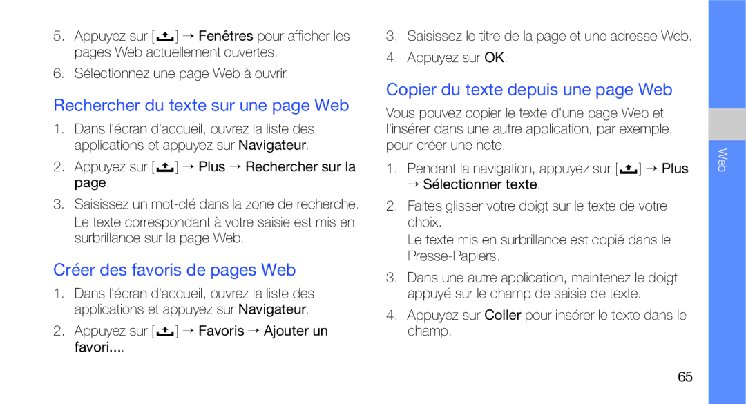 Samsung GT-I5700HKABOG, GT-I5700HKASFR, GT-I5700WGASFR Rechercher du texte sur une page Web, Créer des favoris de pages Web 