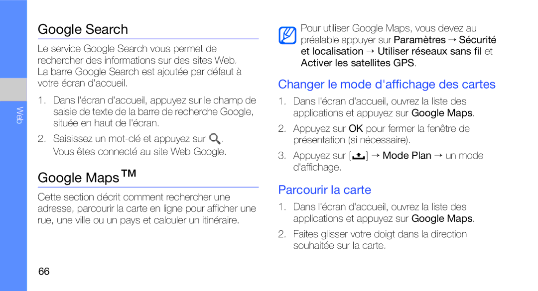 Samsung GT-I5700WGAXEF manual Google Search, Google Maps, Changer le mode daffichage des cartes, Parcourir la carte 