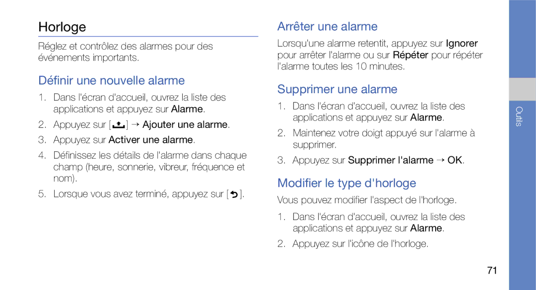 Samsung GT-I5700HKASFR, GT-I5700WGASFR manual Horloge, Définir une nouvelle alarme, Arrêter une alarme, Supprimer une alarme 