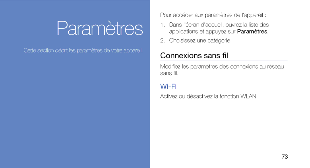 Samsung GT-I5700UWANRJ, GT-I5700HKASFR, GT-I5700WGASFR, GT-I5700HKANRJ, GT-I5700HKAFTM manual Connexions sans fil, Wi-Fi 