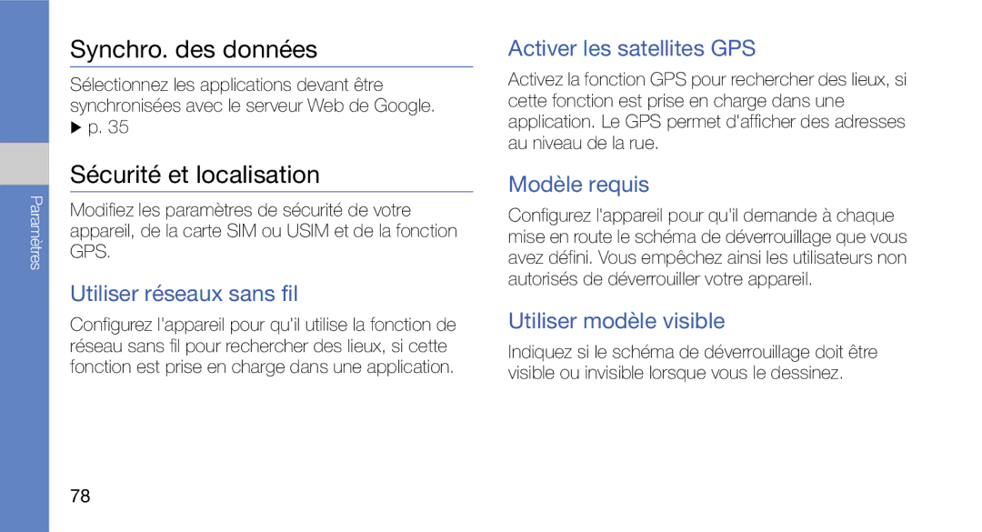 Samsung GT-I5700WGABOG, GT-I5700HKASFR, GT-I5700WGASFR, GT-I5700UWANRJ manual Synchro. des données, Sécurité et localisation 