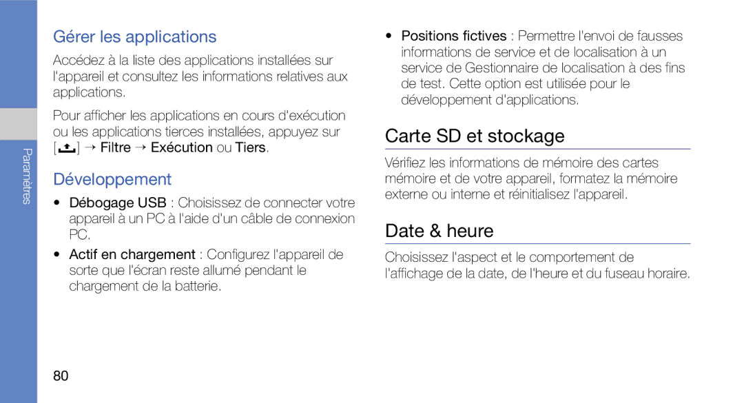 Samsung GT-I5700HKEXEF, GT-I5700HKASFR manual Carte SD et stockage, Date & heure, Gérer les applications, Développement 