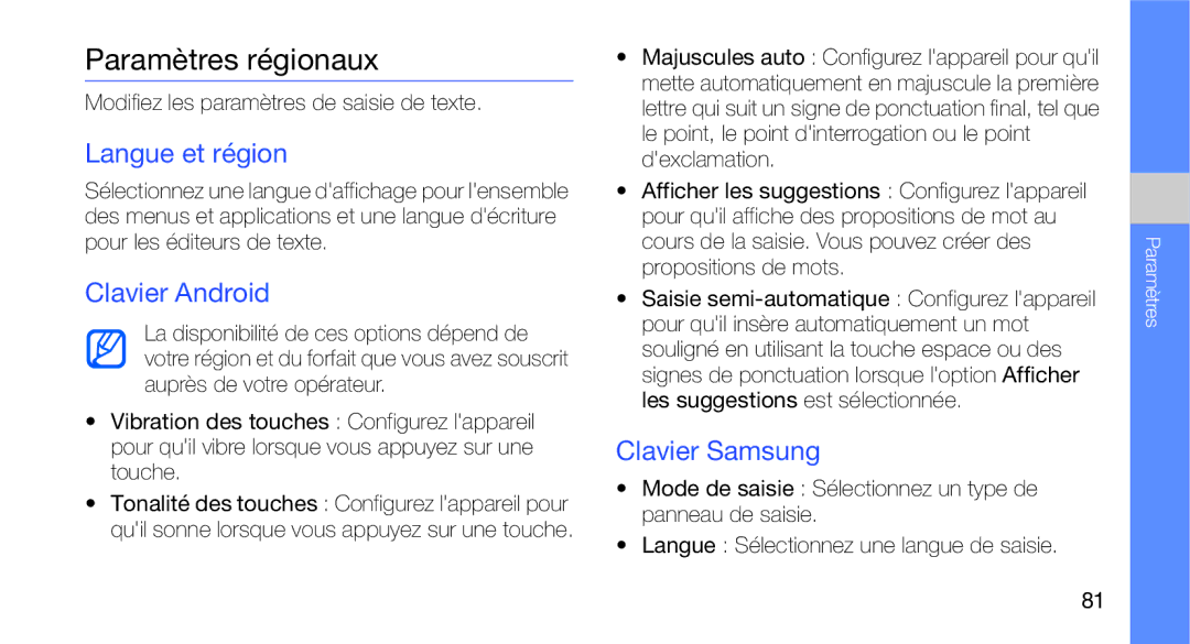 Samsung GT-I5700HKAXEF, GT-I5700HKASFR manual Paramètres régionaux, Langue et région, Clavier Android, Clavier Samsung 