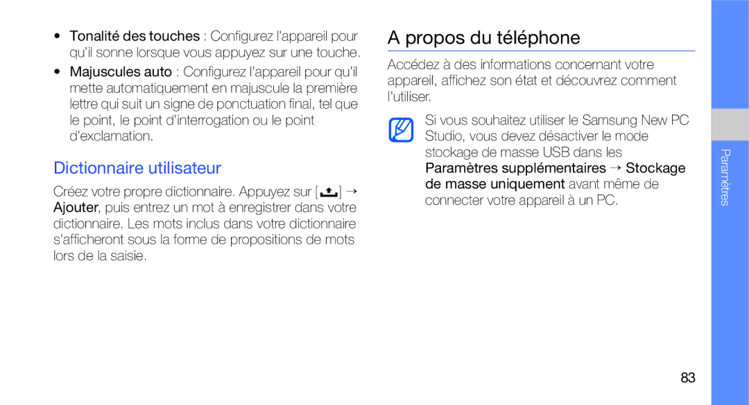 Samsung GT-I5700WGASFR, GT-I5700HKASFR, GT-I5700UWANRJ, GT-I5700HKANRJ manual Propos du téléphone, Dictionnaire utilisateur 