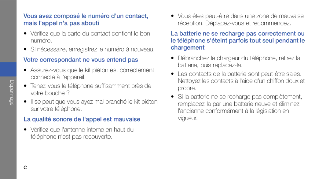 Samsung GT-I5700HKAFTM Vérifiez que la carte du contact contient le bon numéro, Votre correspondant ne vous entend pas 