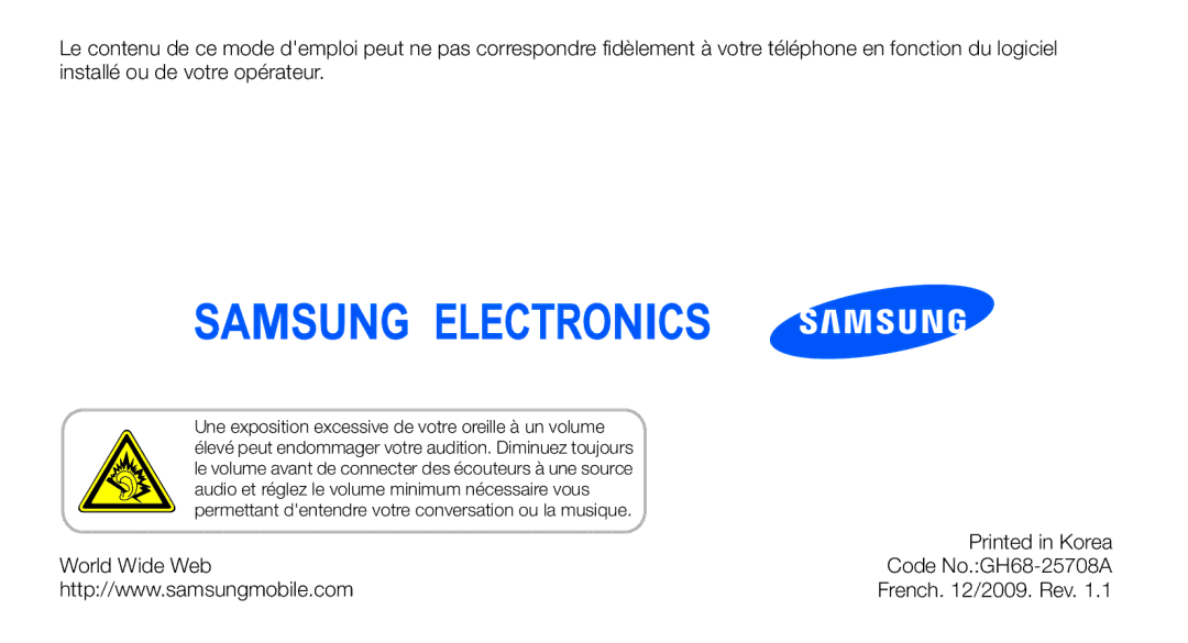 Samsung GT-I5700HKASFR, GT-I5700WGASFR, GT-I5700UWANRJ, GT-I5700HKANRJ, GT-I5700HKAFTM World Wide Web Code No.GH68-25708A 