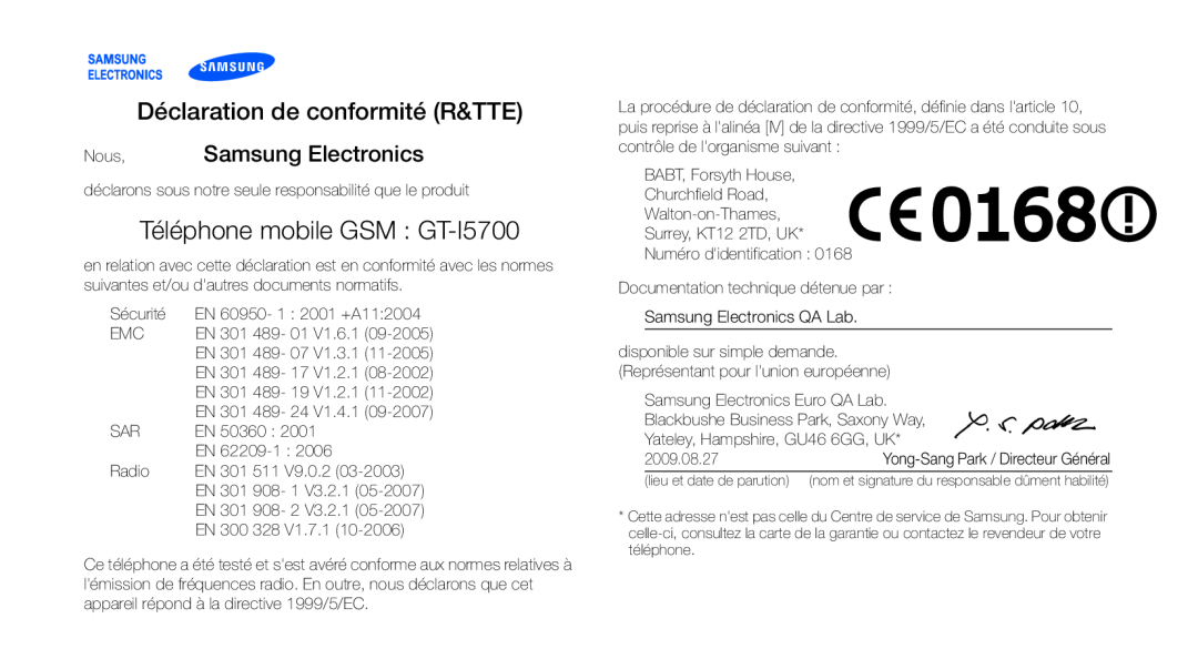 Samsung GT-I5700HKABOG manual Déclaration de conformité R&TTE, Téléphone mobile GSM GT-I5700, Nous, Samsung Electronics 